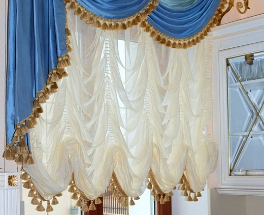 Французские шторы Белые французские шторы с золотыми кисточками Белый вуаль Без рисунка