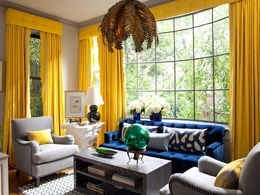 В гостиную Комплект желтых штор с ламбрекенами Желтый полиэстер Без рисунка